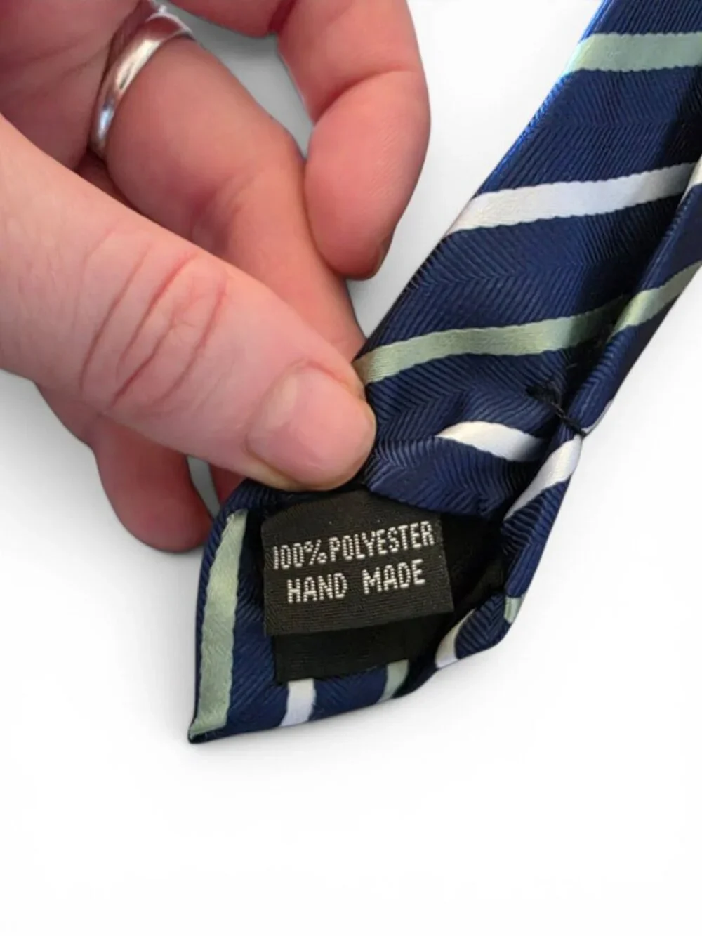 Republic Mens Necktie Navy Blue Green White Stripe Herringbone Woven Classic